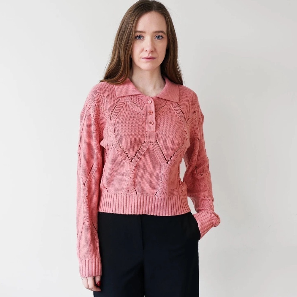 Naadam Womens Modal Cashmere Open Stitch Cable Polo Sweater Pink Medium NEW
